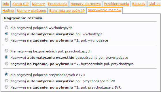 ustawienia nagrywania dla konta telefonicznego